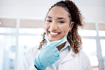 Image showing Healthcare, mask and portrait of dentist with smile for medical care, dental consultation and wellness. Safety, dentistry and face of woman orthodontist for teeth whitening, oral surgery and hygiene