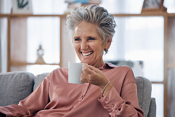 Image showing Senior woman, couch and coffee to relax with funny, comic or happy me time for smile in house lounge. Elderly lady, sofa and tea with happiness in home living room in retirement with crazy laughing