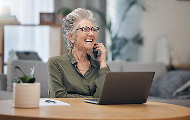 Image showing Phone, call and senior lawyer woman talking legal advice on mobile conversation working in an office with smile and happy. Old, elderly and mature businesswoman with positive communication