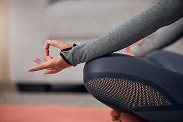 Image showing Closeup hands, yoga and meditation for woman on home floor for wellness, health and fitness of body. Elderly lady, workout and training in living room for healthy muscle, relax and calm mindfulness