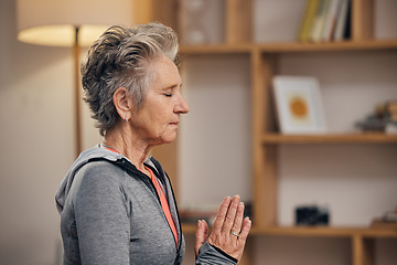 Image showing Senior woman, yoga and calm meditation in spiritual wellness for zen, exercise or peaceful at home. Elderly female meditating practice in relax for healthy fitness, awareness or stress relief indoors