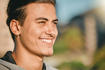 Image showing Happy man, face and smile for fitness, break or ready for routine exercise or workout in nature. Sporty male smiling in calm, peace or healthy exercising for cardio, day or running in the outdoors