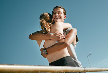 Image showing Fitness, couple and hug for achievement, workout goal and happiness outdoor, training and exercise. Man, woman and athlete embrace for celebration, growth and target for practice, wellness and health