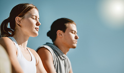 Image showing Fitness, exercise and meditation couple on blue sky mockup space for health and wellness outdoor. Man and woman in nature for workout, mental health and healthy lifestyle for body and mind in summer