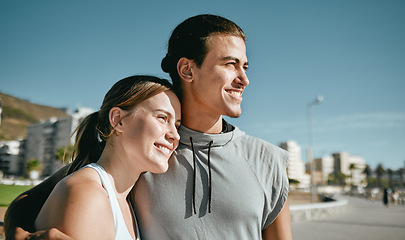 Image showing Couple, hug and fitness while happy outdoor with love, care and support in city park in Miami. Man and woman thinking about workout, mental health and healthy lifestyle for body and mind with partner