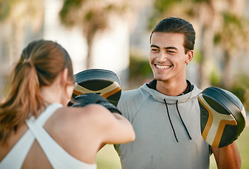 Image showing Man, personal trainer and boxing exercise outdoor in nature park for fitness, health and wellness. Couple of friends happy about sports workout or fight training with motivation, energy and coaching