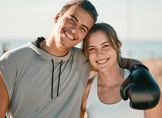 Image showing Couple, fitness and exercise portrait for boxing, training and happy about partner outdoor. Face of woman and man personal trainer hug at park for sport workout or mma training for motivation smile