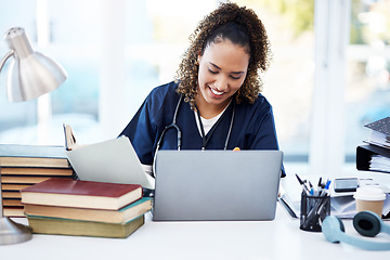 Image showing Woman, laptop or medical student books for research, education studying or college learning in university hospital. Smile, happy or healthcare nurse with technology in scholarship medicine internship