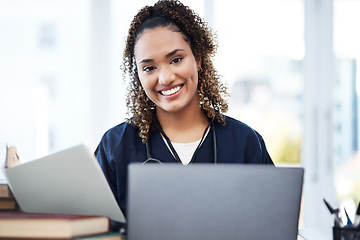 Image showing Nurse, laptop or medical student portrait with research books, education studying or learning in university hospital. Smile, happy or healthcare woman on technology in scholarship medicine internship