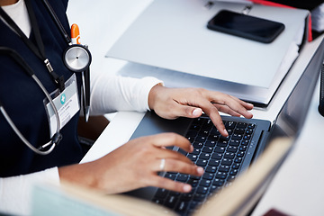 Image showing Medical student, woman or typing hands on laptop research, education degree studying or university hospital learning. Zoom, fingers or healthcare nurse on technology keyboard in scholarship medicine