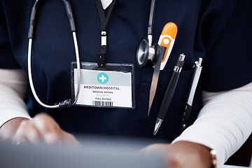 Image showing Doctor, stethoscope or ID card in hospital identification, name or icu pass for clinic learning or laptop education. Zoom, woman or healthcare nurse and medical thermometer or student internship tag