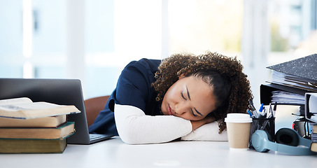 Image showing Woman, laptop or sleeping medical student in stress, research books burnout or hospital learning fatigue. Tired, exhausted or asleep healthcare nurse by technology in scholarship medicine internship