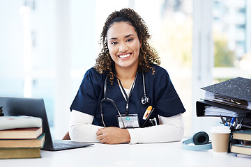 Image showing Nurse, portrait or laptop with medical student books, research education studying or hospital learning university. Smile, happy or healthcare woman with technology in scholarship medicine internship