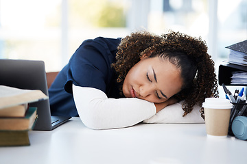 Image showing Woman, technology or sleeping medical student in tired, research books burnout or hospital learning fatigue. Stress, exhausted or asleep healthcare nurse by laptop in scholarship medicine internship