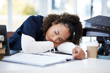 Image showing Woman, laptop or sleeping medical student in tired, research books burnout or hospital learning fatigue. Stress, exhausted or asleep healthcare nurse by technology in scholarship medicine internship