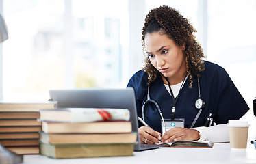 Image showing Medical student, laptop or writing books in education research, wellness studying or hospital learning college. Thinking, nurse or healthcare woman with technology in scholarship medicine internship