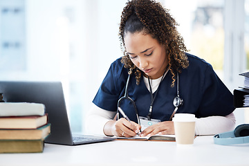 Image showing Medical student, laptop or writing books in research education, wellness studying or hospital learning college. Thinking, nurse or healthcare woman with technology in scholarship medicine internship