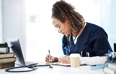 Image showing Medical student, thinking or writing books in hospital research, wellness studying or education learning. Laptop, nurse or healthcare woman and notebook, technology or scholarship medicine internship