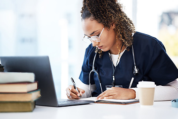 Image showing Medical student, thinking or writing books in research education, wellness studying or hospital learning. Laptop, nurse or healthcare woman and notebook, technology or scholarship medicine internship