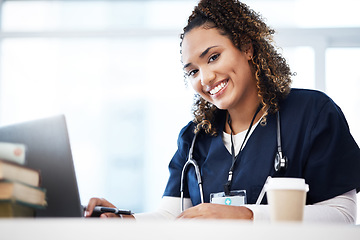 Image showing Woman, laptop or medical student portrait with research books, education studying or learning in university hospital. Smile, happy or healthcare nurse on technology in scholarship medicine internship