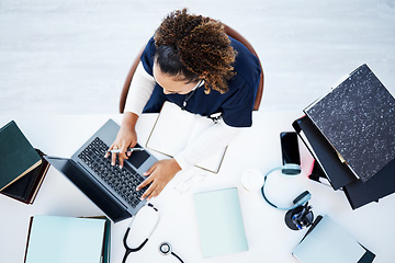 Image showing Top view, laptop or woman in hospital research, education studying or university books learning for medical student. Above, nurse or healthcare worker on technology in scholarship medicine internship