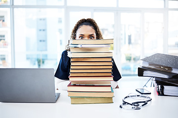 Image showing Nurse, portrait or books stack in hospital research, medical student study or medicine scholarship education. Woman, doctor or healthcare university notebook and laptop technology or learning anxiety