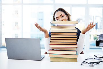 Image showing Woman, portrait or books stack in hospital research, medical student study or medicine scholarship in shrugging emoji. Nurse, doctor or healthcare university notebook and laptop or learning questions