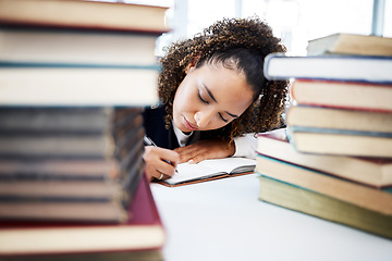 Image showing Student, writing or books stack in hospital research, education studying or university learning in medical school. Thinking, woman or healthcare nurse and notebook for medicine internship scholarship