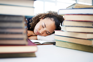 Image showing Woman, sleeping or medical student in stress, hospital research burnout or learning books fatigue. Tired, exhausted or asleep healthcare nurse in notebook studying or scholarship medicine internship