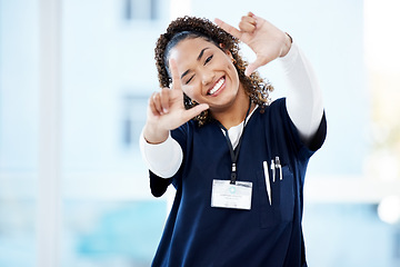 Image showing Doctor, portrait or finger frame in hospital about us, medical trust or medicine empowerment on help mock up. Smile, happy or nurse in photography border, hands gesture or woman healthcare wellness