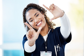 Image showing Nurse, portrait or finger frame in hospital about us, medical trust or medicine empowerment on help mock up. Smile, happy or doctor in photography border, hands gesture or woman healthcare wellness