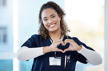 Image showing Nurse, portrait or heart hands in hospital wellness, medicine trust or medical support in life insurance, help or vote. Smile, happy or doctor with love gesture in healthcare, emoji or woman security