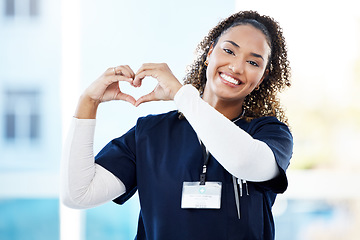 Image showing Doctor, portrait or heart hands in hospital wellness, medicine trust or medical support in life insurance, help or vote. Smile, happy or nurse with love gesture in healthcare, emoji or woman security