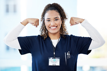 Image showing Doctor, portrait or flexing muscle in hospital success, medical trust or empowerment strength on mockup. Smile, happy or nurse in strong biceps for woman healthcare, wellness leadership or motivation