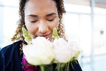 Image showing Woman, face and flowers for valentines day, love and care as gift for kindness, birthday or romance. Model person with rose flower bouquet to smell fragrance with gratitude, happiness and hope