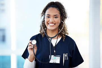 Image showing Nurse, portrait or stethoscope check at hospital mockup for cardiovascular, asthma lungs or woman heart wellness. Smile, happy or healthcare worker and medical equipment for surgery doctor consulting