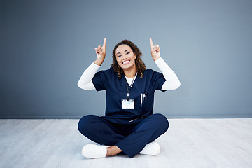 Image showing Nurse, portrait or pointing up at hospital promotion, life insurance deal or advertising mockup space. Smile, happy or doctor showing hands at woman healthcare, wellness mock up or volunteer branding