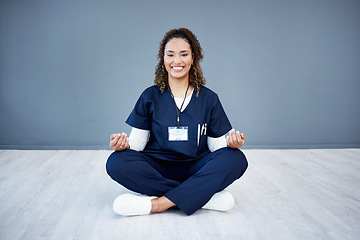 Image showing Nurse, portrait or sitting meditation on hospital mockup, clinic mock up or wall for mental health, peace or chakra healthcare. Smile, happy or woman doctor in meditate pose for zen mindset or relax