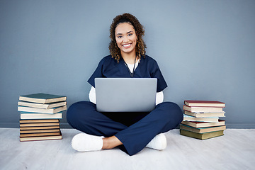 Image showing Nurse, portrait or laptop in hospital research, wellness books study or education in medicine scholarship on mockup wall. Smile, happy or medical student on healthcare technology for woman internship