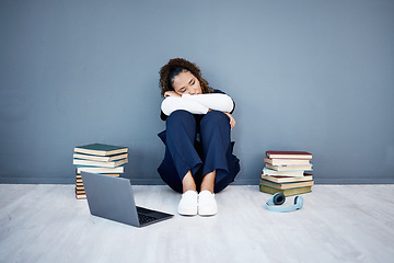 Image showing Nurse, stress and medical student depression on laptop, research books or hospital fatigue in learning burnout. Tired, sad and healthcare woman by technology in medicine internship anxiety on mock up