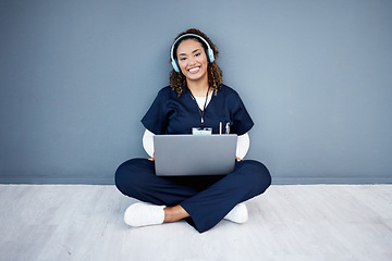 Image showing Portrait, laptop or headphones of hospital music, podcast or radio in woman study research or mock up nurse learning. Smile, happy or medical student on technology and listening to healthcare audio