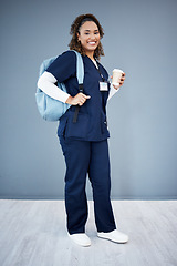 Image showing Woman, portrait or backpack for medical school, hospital internship goals or medicine university dream. Smile, happy or nurse with coffee on isolated mockup for education with learning bag for study