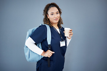 Image showing Nurse, portrait or backpack for medical student, hospital internship or medicine university on isolated wall mockup. Smile, happy or doctor and coffee, ideas or healthcare goals for woman learning