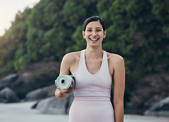 Image showing Yoga woman, fitness and portrait in nature while outdoor for exercise, training and workout. Happy model person with mat for zen, peace and holistic time for health and wellness with beach pilates