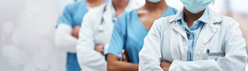 Image showing Medical banner, healthcare and doctors with arms crossed for medicine, hospital and covid insurance. Pride, expert and employees in line for consulting, cardiology and emergency services with a mask