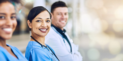 Image showing Doctor, team and portrait smile on mockup for healthcare, help advise or consultation at hospital. Happy medical professionals smiling in teamwork, collaboration or life insurance on bokeh background