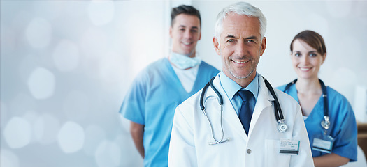 Image showing Healthcare, banner and portrait of doctors for a consultation, medicine promotion and insurance. Hospital team, medical and clinic employees smiling for cardiology, professional services and medicare