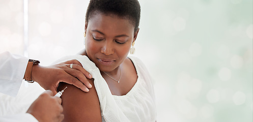 Image showing Black woman, covid vaccine injection and mockup space in hospital with doctor, nurse and blurred background. African patient, medic and medical mock up for healthcare, wellness and public service