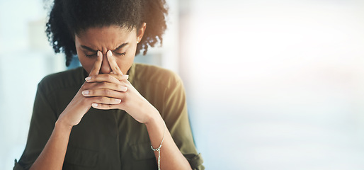 Image showing Mockup, business and black woman with stress, depression and mental health with burnout, overworked and deadline. Corporate, female employee and leader with headache, anxiety and schedule in office