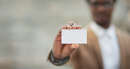Image showing Logo, man and business card for networking, opportunity and sales growth with mockup, space and ceo. Male, hand and leader with brand development, black paper and design for company and branding